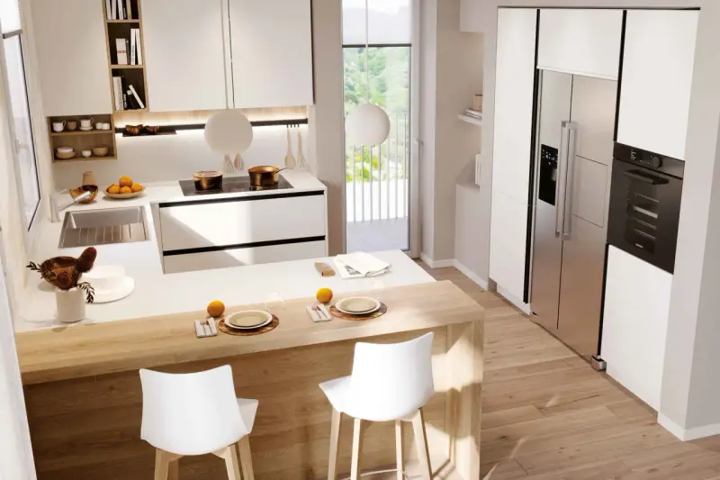 Modern white kitchen with a wooden island, bar stools, stainless steel fridge, and oven.