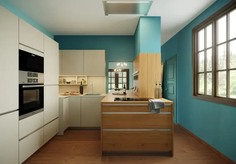 Cucine colorate con isola in legno e pareti turchesi. Un ambiente moderno e accogliente, perfetto per chi ama il design vivace.